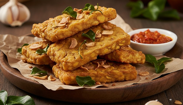 tempe goreng renyah bawang putih daun jeruk